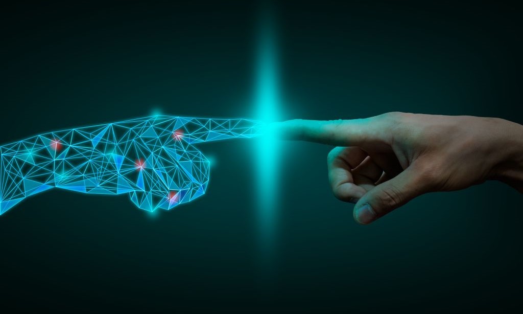 Eine digitale Zeichnung einer Hand führt den Zeigefinger zum Zeigefinger einer realen Hand.