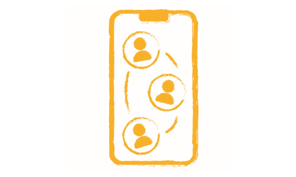 Illustration: Auf einem Smartphone sind drei gelbe Personen umkreist und durch Striche miteinander verbunden.