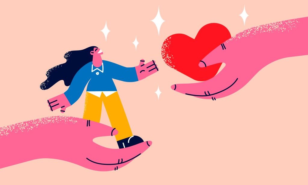 Illustration zweier Hände, die einmal eine Person und einmal ein Herz halten. 