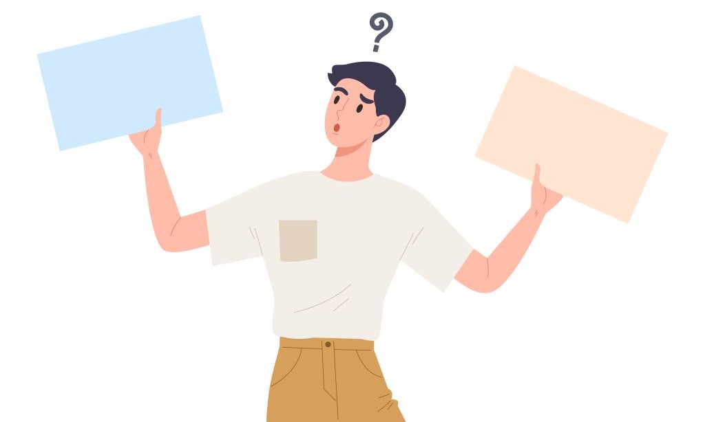 Illustration einer Person mit Fragezeichen über dem Kopf, die zwei Rechecke hochhält. 