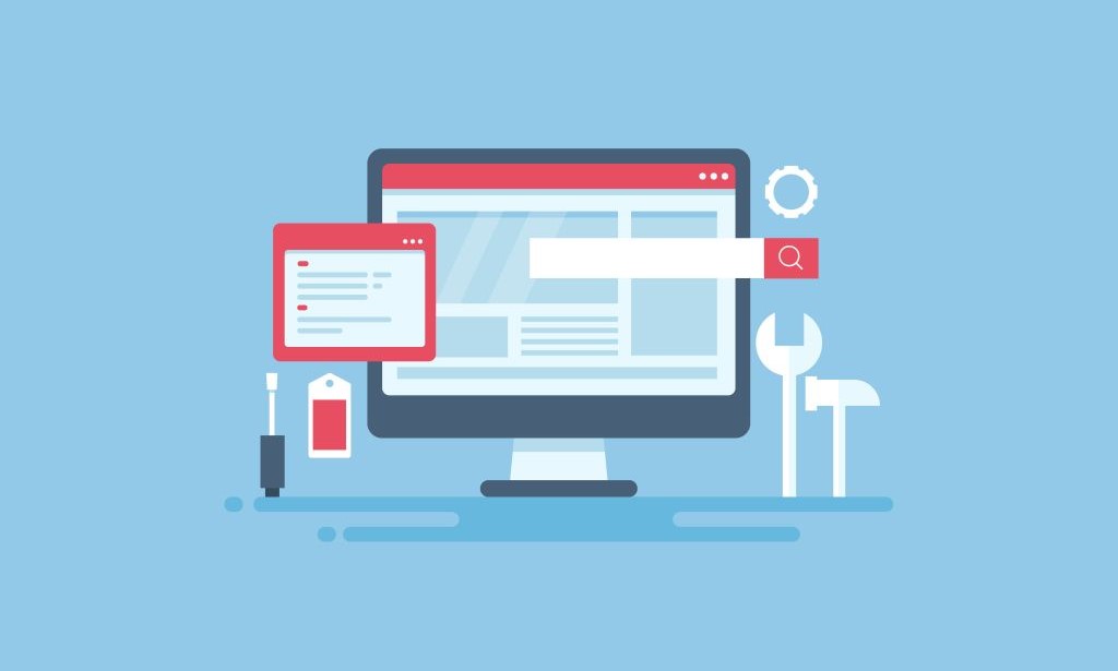 Illustration eines PC-Bildschirms vor dem eine Suchzeile, ein Browserfenster und mehrere Werkzeuge schweben.