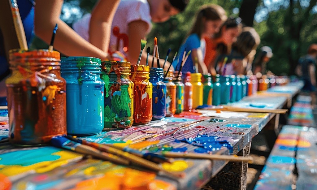 Ein Tisch voller Gläser mit Farben und Pinsel. Dahinter Kinder die malen. 