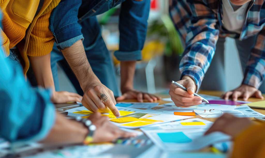 Eine Gruppe von Leuten stehen über einen Tisch gebeugt und sammeln Ideen. Auf dem Tisch liegen verschiedene Dokumente und Post-its. 