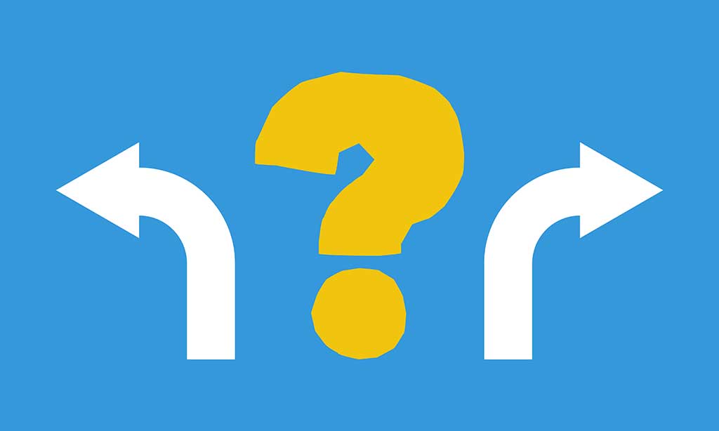 Illustration eines Fragezeichens neben dem links und rechts jeweils ein Pfeil in die vom Fragezeichen abgewandte Richtung zeigt. 