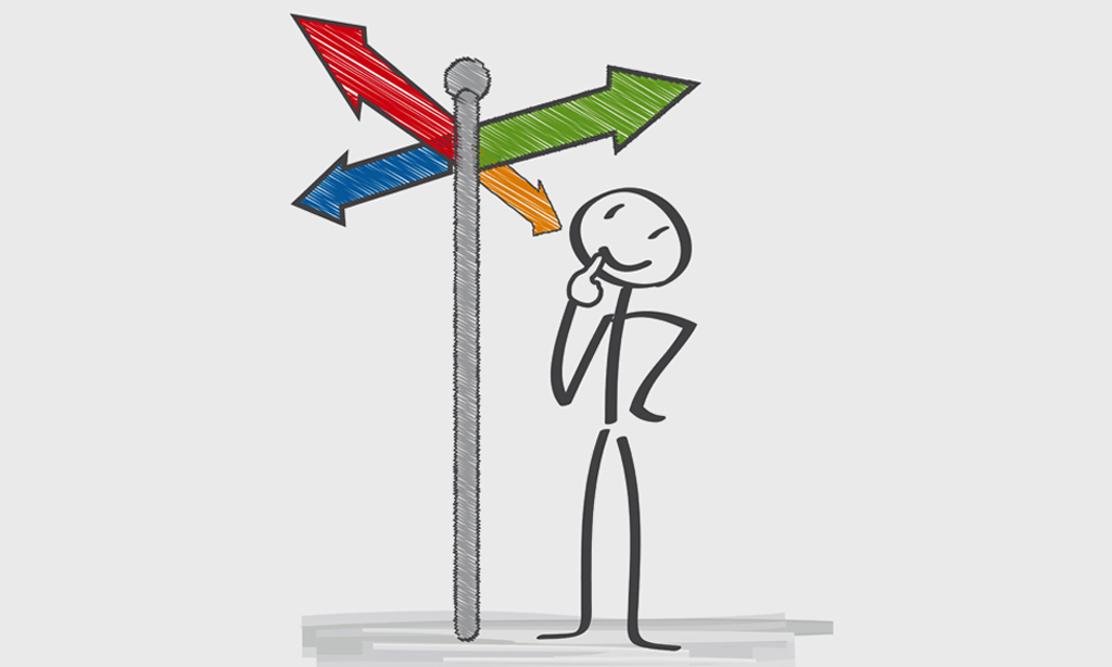 Illustration eines Männchens, das an einem Schildermast steht, dessen Schilder wie Pfeile aussehen und in unterschiedliche Richtungen zeigen. 