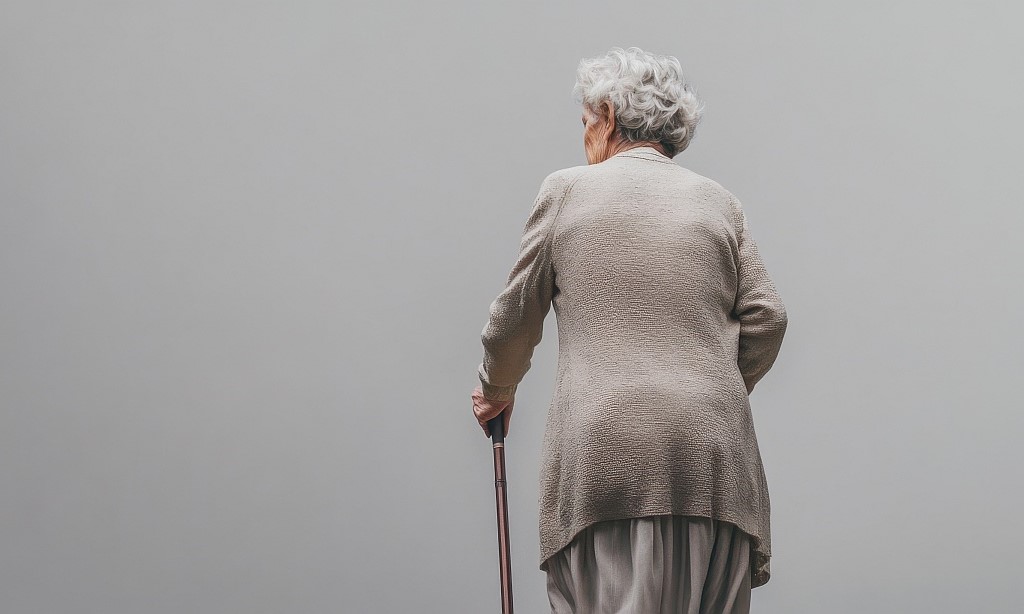 Eine alte Frau mit Stock steht vor einem grauen Hintergrund.