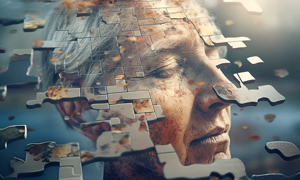 Über einer älteren Frau schwebt ein sich zersetzendes Puzzle.