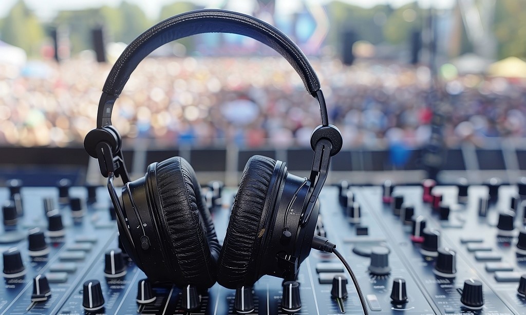 Mischpult mit Kopfhörern auf einem Open-Air-Konzert. 
