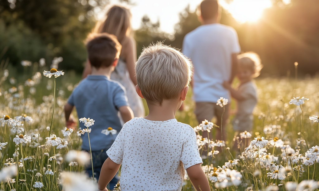 Familie spaziert durch Wiese