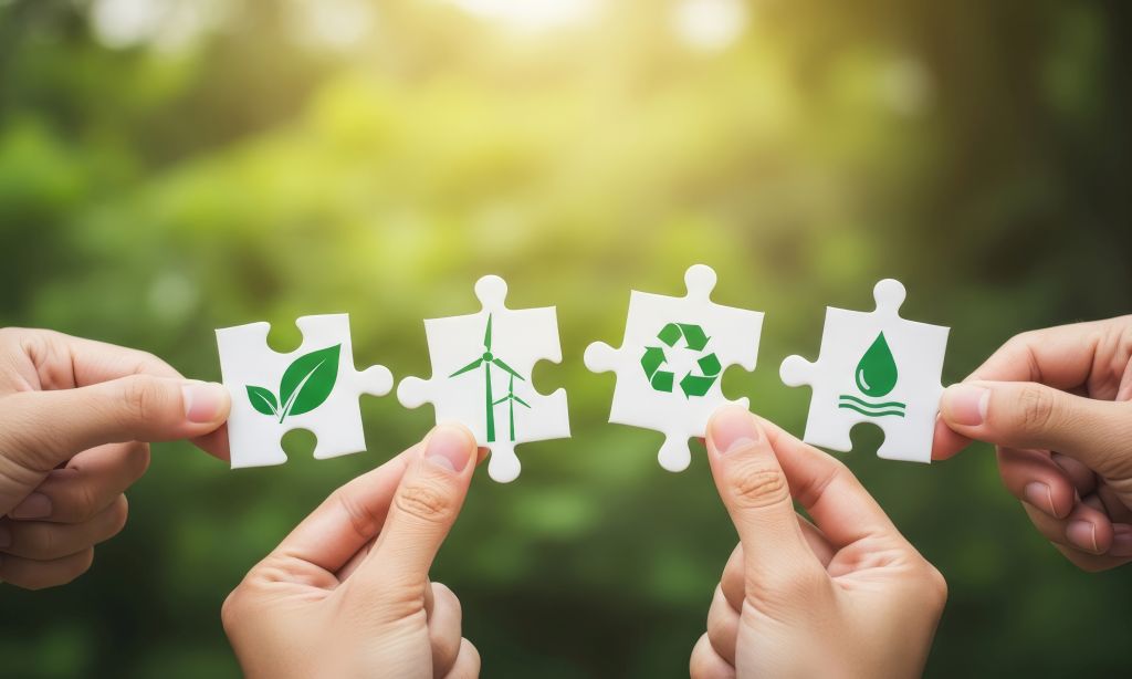 Vier Hände halten Puzzleteile mit umweltfreundlichen Symbolen, wie Windkraft, Recycling, Hochwasserschutz und Naturschutz. Die Puzzleteile passen ineinander und stehen als Ganzes für den Klimaschutz.