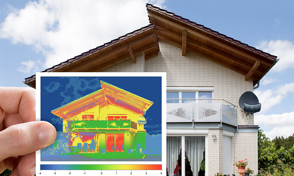 Vor einem Haus sieht man eine Hand, die ein Foto einer Wärmebildkamera desselben Hauses hält.