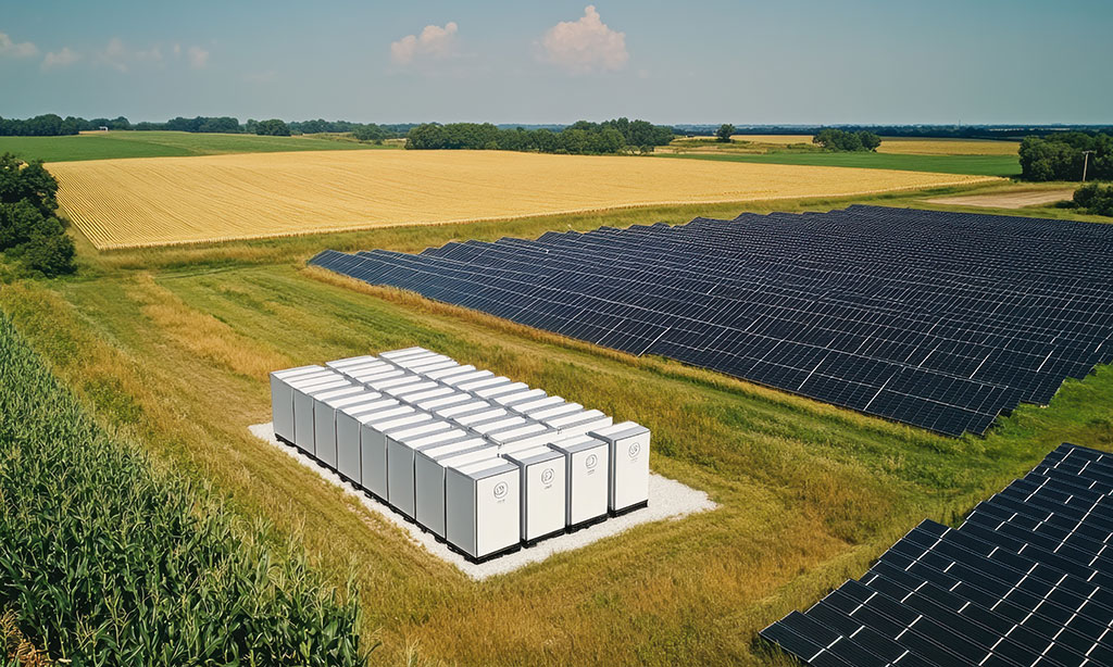 Auf einer Wiese steht ein Batteriespeicher neben einer Photovoltaikanlage.