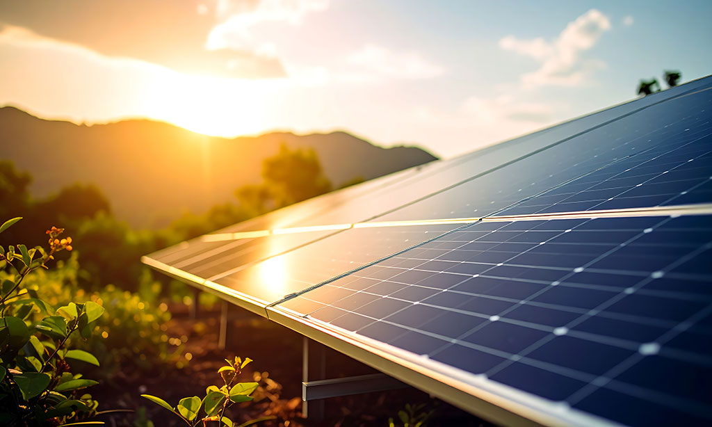 Solarpanele vor bergigem Hintergrund im Sonnenaufgang