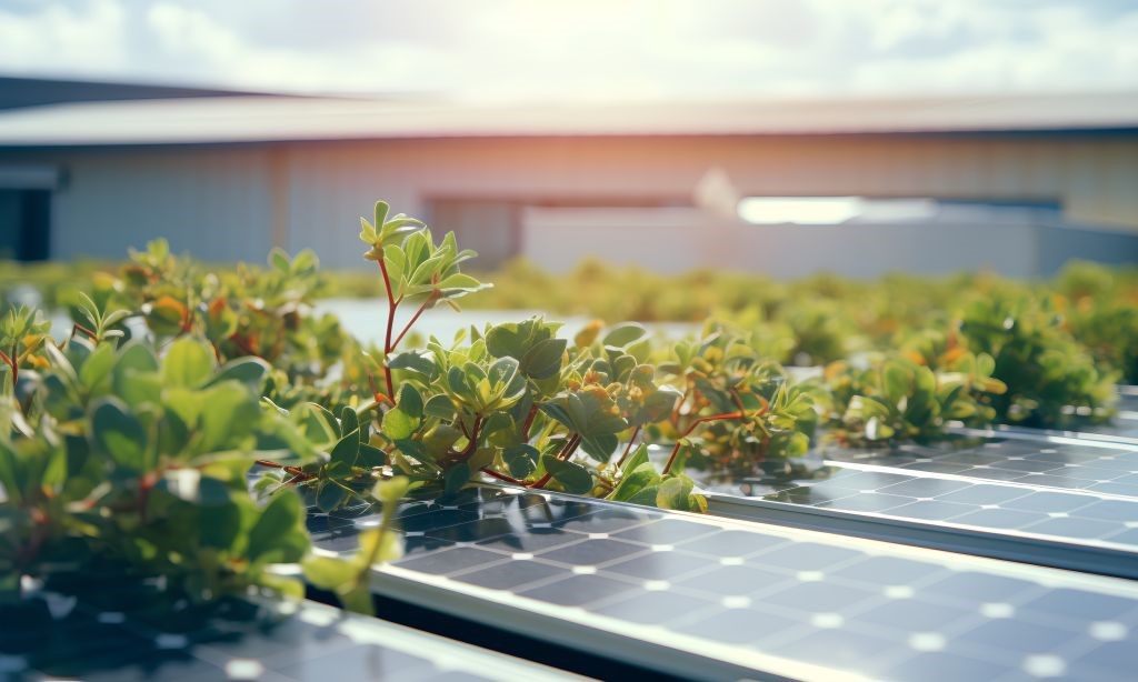 begrüntes Flachdach mit PV-Anlage