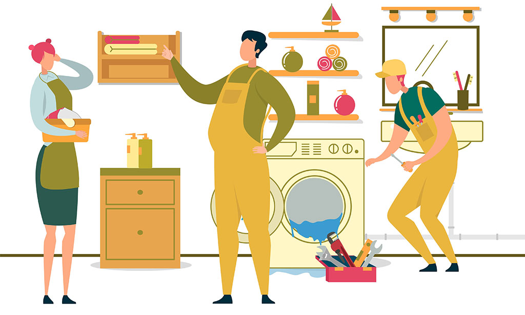 Eine Frau mit einem Wäschekorb und zwei Handwerker, die ein Regal montieren und eine Waschmaschine reparieren.