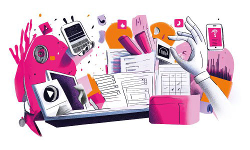 Eine bunte Illustration auf der man eine Hand, Tabellen, Checklisten, ein Handy, ein Tablett und verschiedene andere Kreativ - und Kommunikationsmittel erkennen kann. 