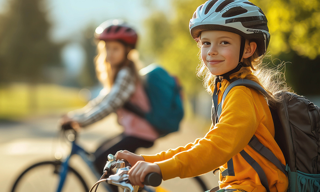 Zwei Schulkinder mit dem Fahrrad, beide haben Fahrradhelme an und Schulrucksäcke auf dem Rücken.
