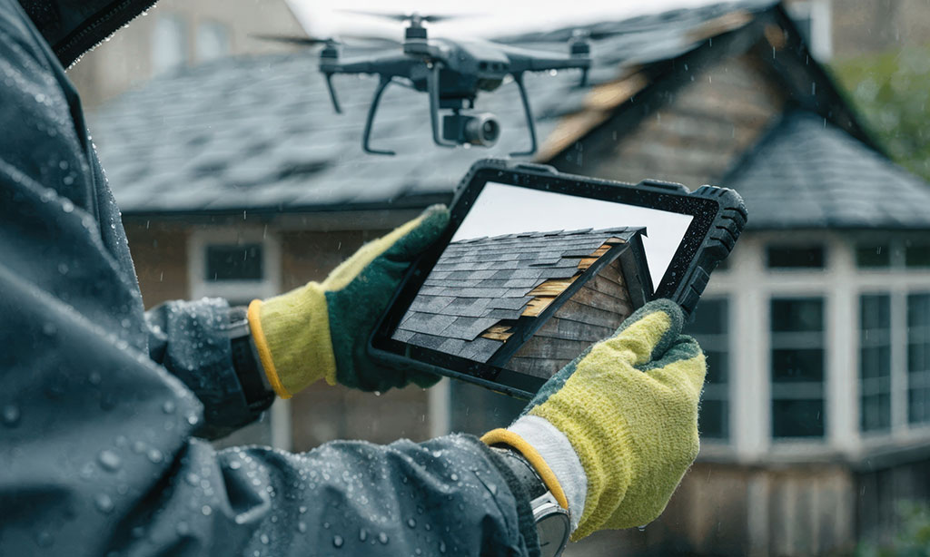 Drohnentechniker mit Tablet in der Hand und einer Drohne vor einem Wohnhaus.