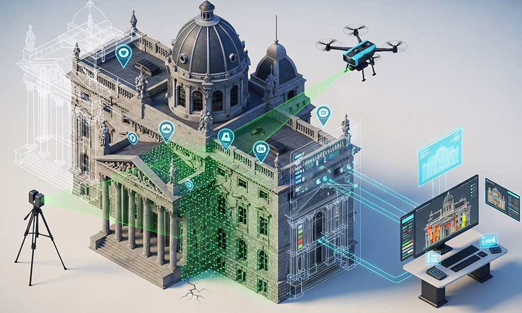 Illustration eines Gebäudes und fliegender Drohne und dazugehöriger Technik.