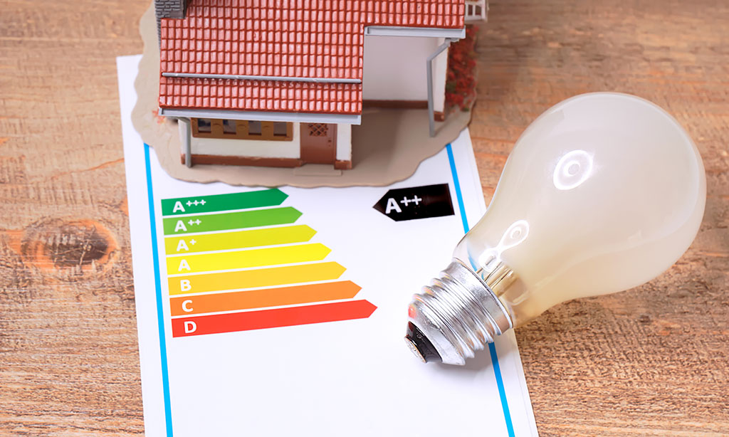 Hausmodell mit Energieklasse und Glühbirne.