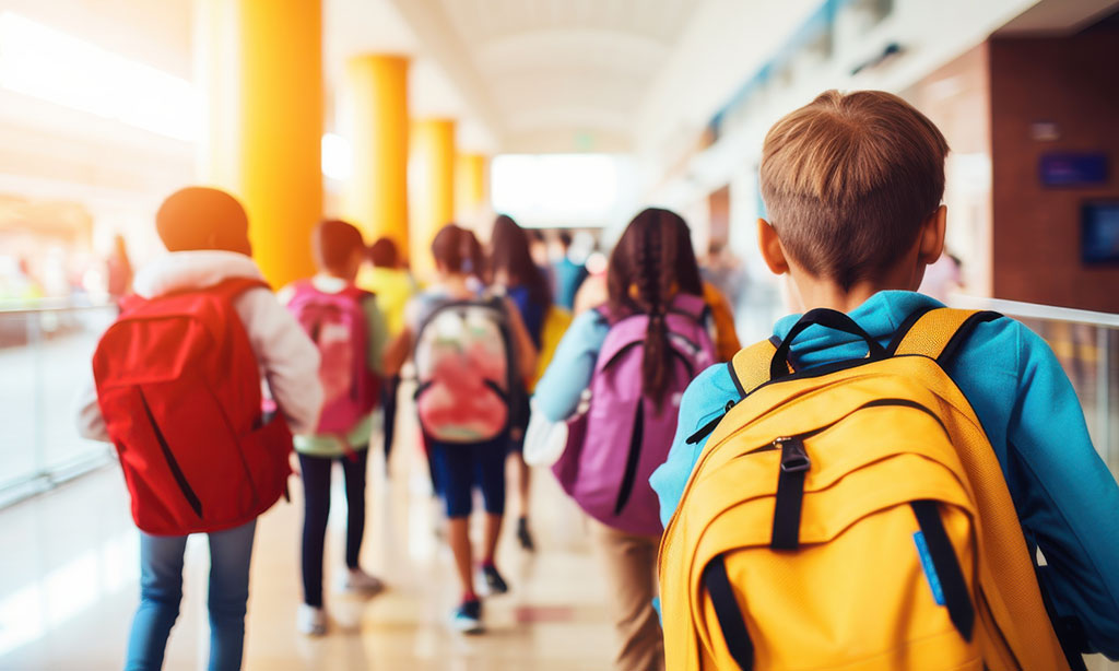 Eine Gruppe Primarschüler mit bunten Rucksäcken geht durch eine Ausstellungshalle.