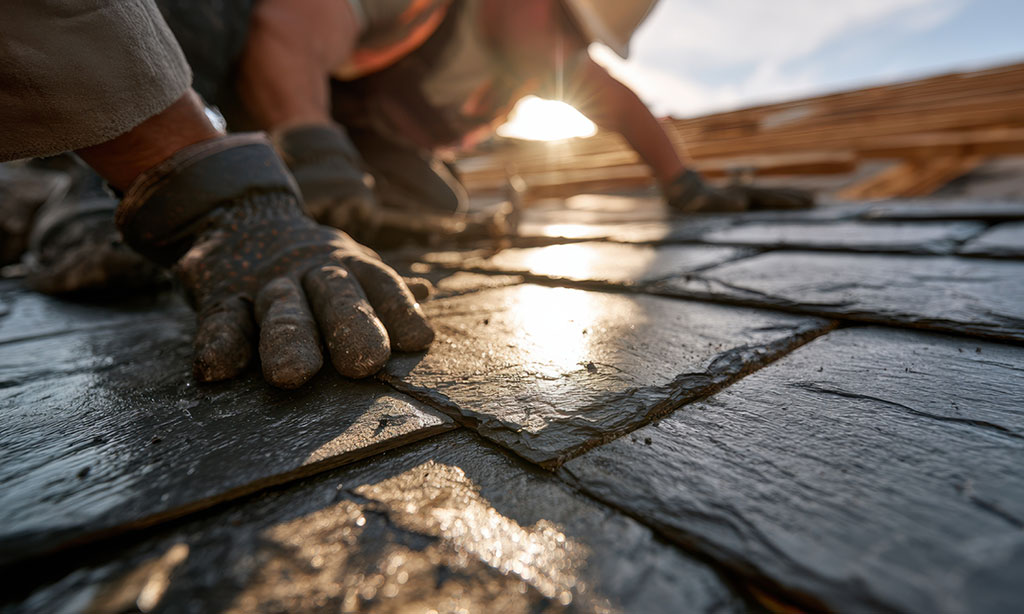 Handwerker installieren Dachschindeln auf einem Dach. Die Sonne scheint auf das Dach. 
